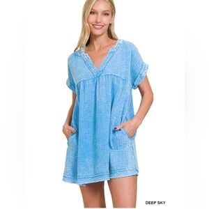 NWT Zenana Washed Double Gauze Raw Edge V Neck Dress